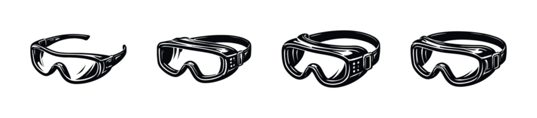 Ski goggles vector icons set. winter sports gear illustration. snowboard, safety equipment