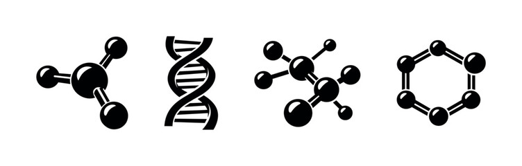 Science and chemistry vector icons set: molecules, dna, atomic symbols collection