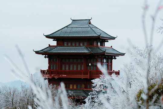Chinese pagoda surrounded by frost covered forest in Zhangjiajie,China