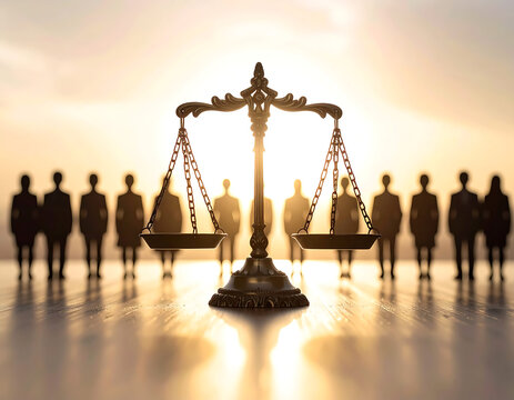 A powerful image of the scales of justice standing before a silhouette of people against a bright horizon, symbolizing fairness, equality, and legal principles in society