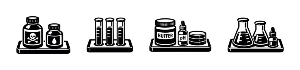 Laboratory chemical equipment vector icons set: bottles, test tubes, flasks, containers