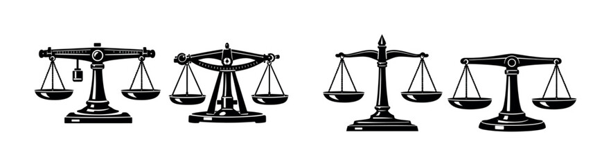 Balance and justice vector icons set. vintage scales, scales of justice, law symbols.