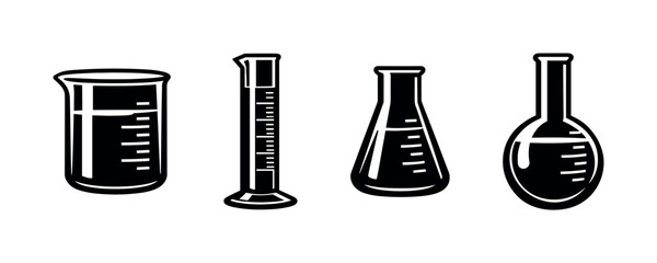 Chemistry vector icons set with lab glassware symbols, beakers, and flasks
