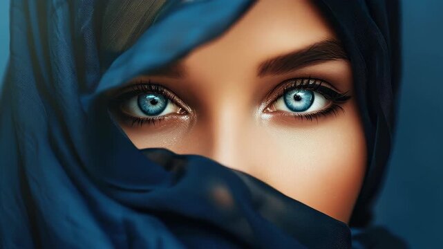 Mysterious Gaze: Captivating close-up of a woman with striking blue eyes, partially veiled, set against a calming backdrop. The intense look draws the viewer into a world of depth and beauty.