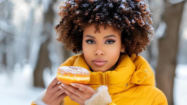 Winter Donut Delight: A beautiful woman, bundled in warm outerwear, takes a delightful pause in a snow-covered wonderland, savoring a sweet treat.