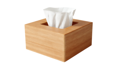 Tissue box, square wooden container with white tissue protruding