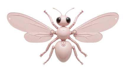 Light pink robotic insect with wings and segmented body