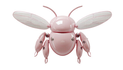 Pink, glossy robot insect with spread wings on a stark black background