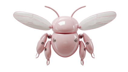 Pink, glossy robot insect with spread wings on a stark black background