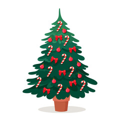 Decorated Christmas Tree Vector Illustration with Candy Canes, Red Bows and Ornaments, Festive Holiday Design Isolated on White Background.