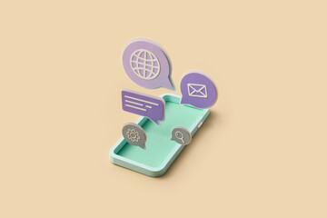 Papercraft phone with floating communication icons