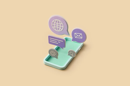 Papercraft phone with floating communication icons