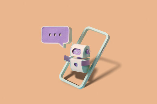 Papercraft robot with chat bubble on tilted phone frame