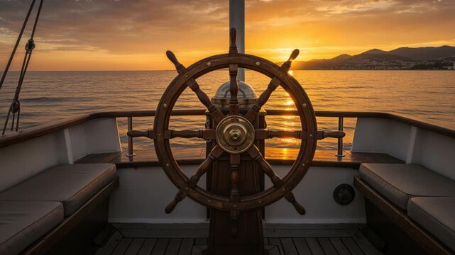 Voyage at Sunset: Capturing a majestic sunset over the ocean, the helm of a ship, poised at the stern, promising adventure.