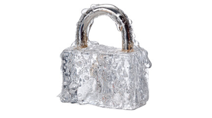 Padlock frozen in ice representing security, immobility, and protection from winter elements