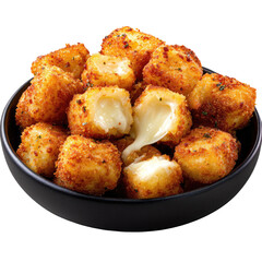 Golden-fried cheese cubes in black bowl; one is split, showing gooey filling