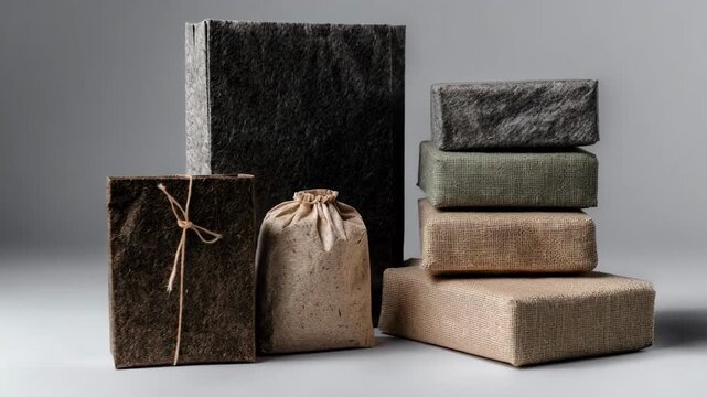 Medium shot of ecofriendly compostable packaging made from natural fibers highlighting textured material and durable design for sustainable product wrapping.