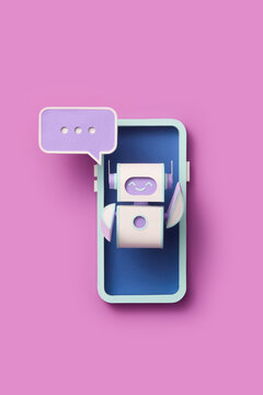 Papercraft robot in phone with chat bubble