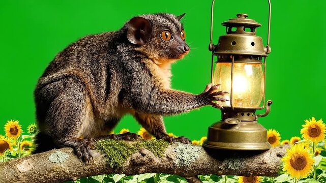 Adorable Cuscus Sitting on Branch Beside Glowing Vintage Lantern with Green Screen Background with Sunflowers for Advertisement