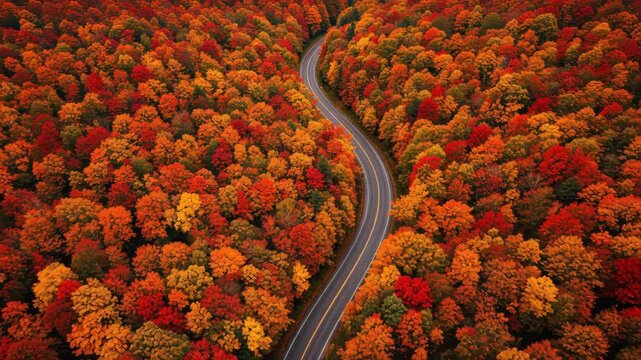 Autumn Road: An aerial perspective captures a winding road slicing through a vibrant forest ablaze with autumn colors.
