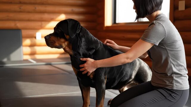 Woman Pets Rottweiler Dog Affectionately Indoors in Wooden Log Cabin