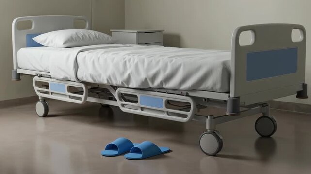 Hospital Bed and Solace: A pristine hospital bed, neatly made, rests serenely in a quiet room, flanked by essential amenities, evokes feelings of safety and care, a space for respite and healing.