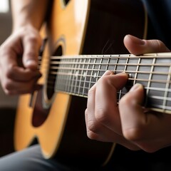 Fototapeta premium Hands performing melodies on acoustic guitar in a cozy ambiance