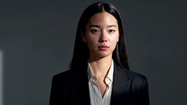Poised Confidence: A woman in a stylish suit exudes professionalism and confidence under soft lighting. Her gaze is direct, conveying both focus and composure.