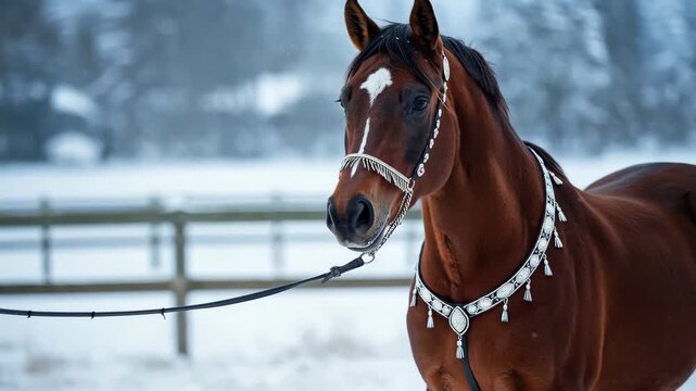 Graceful Chestnut Horse in Winter: A majestic chestnut horse, adorned in a delicate bridle, stands elegantly in a snow-covered field.