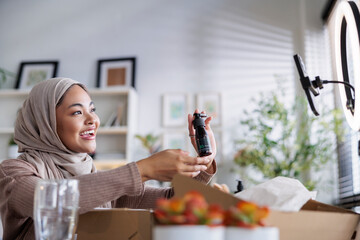 Muslim content creator reviewing beauty products