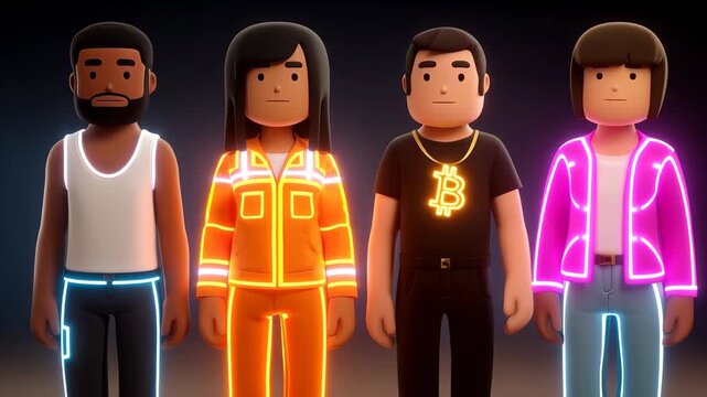 Crypto-Community: A quartet of diverse characters, illuminated with vibrant neon accents, embody the spirit of the cryptocurrency community, representing unity in a digital age.