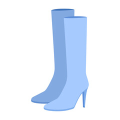 Blue stiletto heel knee-high shoes women color pair. Tall shaft with pointed heel for elegance, luxury look. Technical fashion illustration CAD mockup refined vector men unisex isolated modern style.