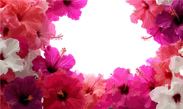Borda floral vibrante de hibiscos cor-de-rosa, vermelhos e brancos, com espa&ccedil;o transparente central para texto, ideal para convites e designs de primavera/ver&atilde;o.