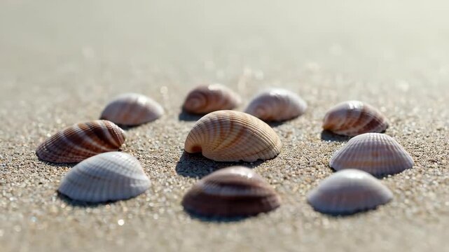 Seashell Circle on Sandy Beach: A serene close-up captures a mesmerizing arrangement of seashells artfully laid out on a sandy beach.