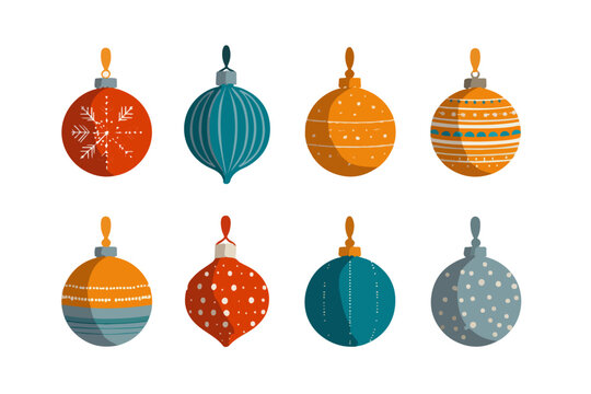 Cole&ccedil;&atilde;o de oito enfeites de Natal vetoriais coloridos com padr&otilde;es diversos, ideais para designs festivos em fundo transparente.