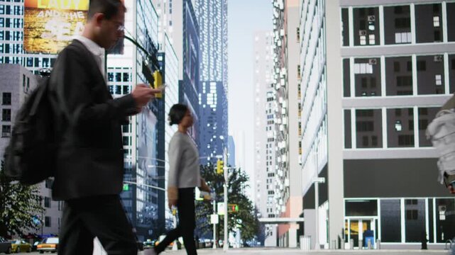Diverse pedestrians crowd crossing street during morning commute showing a mix of adults, business people and active urban population navigating the routine of city life. Camera A.