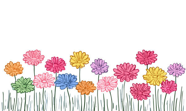 Ilustra&ccedil;&atilde;o vetorial de flores coloridas estilo desenhado &agrave; m&atilde;o, ideal para designs de primavera com fundo transparente.