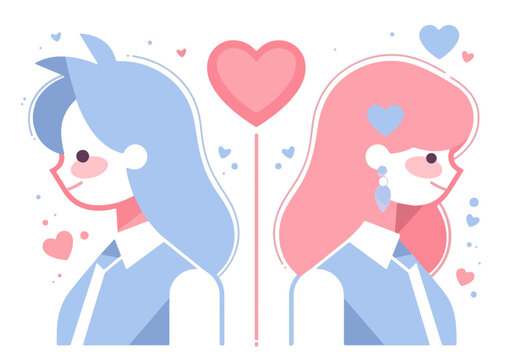 Duas pessoas estilizadas com cabelo azul e rosa, conectadas por cora&ccedil;&otilde;es, simbolizando amor, uni&atilde;o e comunica&ccedil;&atilde;o em um fundo transparente.