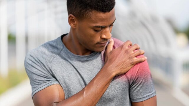 A young man is in pain, holding his shoulder which is highlighted in red to indicate injury or inflammation.