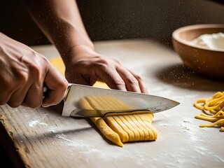 Crafting homemade pasta, chef cuts dough into tagliatelle strips