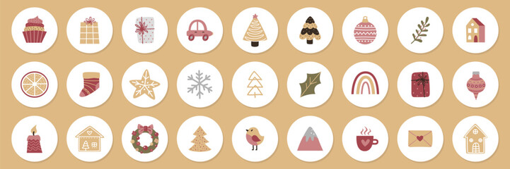 Cute pastel Christmas sticker set with round labels. Funny cartoon Santa, snowman, reindeer, bear, cat and gingerbread faces. Retro flat vector icons for kids, gifts, tags and winter holiday designs.
