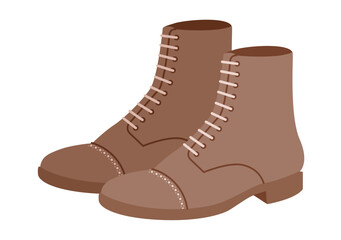 Brown chunky lace ankle boot women flat pair. Padded collar with lug tread for elegant dinner, warm season. Technical fashion illustration CAD mockup refined vector men unisex isolated modern style.