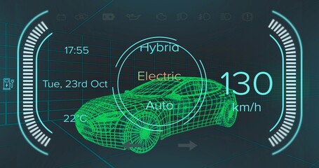 Displaying neon-green wireframe sports car angling in virtual-garage, with mode rings and 130 km or 