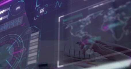 Typing hands controlling white keyboard at desk, showing hologram UI and world map, copy space