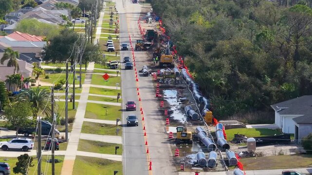 Florida residential street with active roadworks and closed lane. Cars drive cautiously through narrowed path controlled by temporary traffic lights.