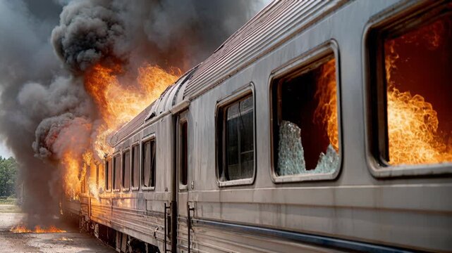A passenger train is engulfed in flames and thick black smoke billows from the carriages.
