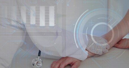 Resting patient and clinician wearing white scrubs on exam table, with stethoscope and HUD