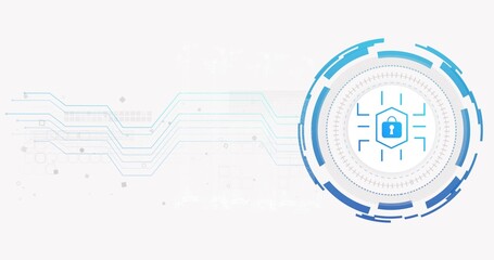 Displaying blue-white circular interface showing concentric rings and padlock on right, copy space