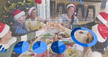 Clinking wine glasses group of six wearing Santa hats at home table with analytics overlay