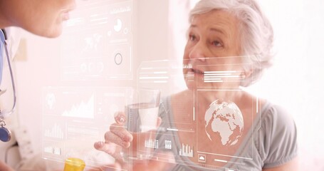 Talking senior woman holding glass in clinic with pill bottle, clinician white coat stethoscope HUD